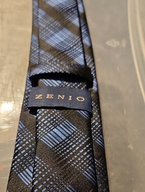 Zenio Men's Blue and Black Plaid Tie V45